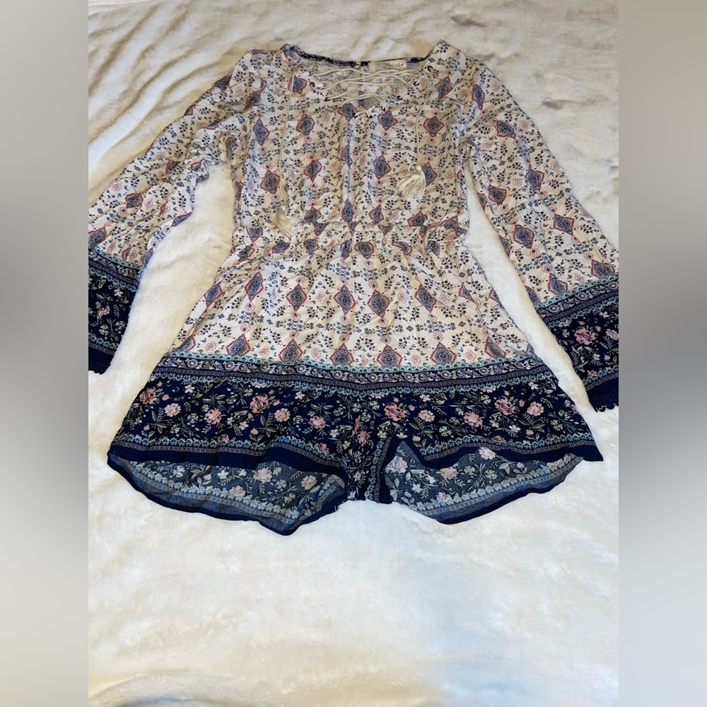 Long sleeve romper with tie detail neckline